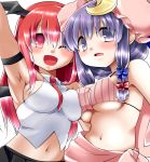  2girls armband armpits bat_wings blush bow bra breast_press crescent crop_top hair_bow hair_ornament hat head_wings ino. koakuma looking_at_viewer midriff mob_cap multiple_girls navel necktie one_eye_closed open_mouth patchouli_knowledge purple_hair red_eyes redhead simple_background skirt smile symmetrical_docking touhou underwear upper_body violet_eyes white_background wings 