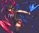  1girl asymmetrical_wings black_dress black_hair black_legwear bow breasts dress grin houjuu_nue large_breasts looking_at_viewer pointy_ears polearm red_eyes smile solo temmasa22 thighs touhou trident weapon wings 