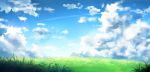  blue_sky clouds condensation_trail day grass light_particles nature no_humans original satsumi scenery sky sunlight wind 