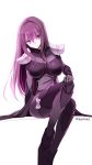  1girl bodysuit fate/grand_order fate_(series) kurikara pauldrons purple_hair scathach_(fate/grand_order) sitting smile solo violet_eyes 