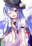  1girl absurdres amamitsu_kousuke apron black_hat blue_dress blue_hair blush bow bowtie dress fang food fruit hat highres hinanawi_tenshi leaf leaning_forward long_hair open_mouth peach rainbow_order red_bow red_eyes scarlet_weather_rhapsody short_sleeves smile solo tagme touhou 