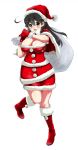  1girl :d ahoge alternate_costume bangs black_hair blush boots breasts brown_eyes carrying_over_shoulder christmas cleavage full_body fur_trim gloves hat kantai_collection large_breasts long_hair open_mouth perepere-kun pom_pom_(clothes) red_boots red_cape red_gloves red_hat red_skirt sack santa_costume santa_hat simple_background skirt smile solo standing ushio_(kantai_collection) white_background 
