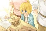  1girl 2boys armin_arlert blonde_hair blue_eyes blush family father_and_son head_out_of_frame long_hair mother_and_son moxue_qianxi multiple_boys open_mouth shingeki_no_kyojin short_hair smile toy toy_airplane 