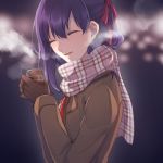  1girl breath canned_coffee citron_82 closed_eyes fate/stay_night fate_(series) gloves matou_sakura open_mouth purple_hair scarf school_uniform smile upper_body winter 