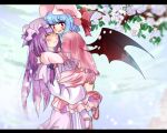  2girls bangs bat_wings blue_ribbon blunt_bangs blush branch capelet carrying closed_eyes crescent_hair_ornament double_bun flower frilled_sleeves frills hair_ornament hair_ribbon hat lavender_hair long_hair looking_at_viewer looking_down mob_cap multiple_girls open_mouth patchouli_knowledge purple_hair red_eyes red_ribbon remilia_scarlet ribbon seiu_(aoame) short_hair touhou wings 