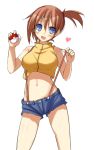  1girl :d bare_shoulders blue_eyes blush breasts brown_hair contrapposto crop_top heart kasumi_(pokemon) large_breasts looking_at_viewer navel open_mouth poke_ball pokemon pokemon_(anime) short_hair shorts side_ponytail simple_background sleeveless smile solo suspenders suspenders_pull white_background yanagi_yuu 