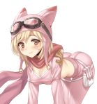  1girl alternate_costume ass bangs belt_pouch bent_over blonde_hair blush breasts brown_eyes closed_mouth cowboy_shot crop_top djeeta_(granblue_fantasy) eyebrows_visible_through_hair goggles goggles_on_head granblue_fantasy hat hat_with_ears lang_(chikage36) long_sleeves looking_at_viewer medium_breasts midriff pants pink_pants pouch short_hair simple_background smile solo stitches swept_bangs thigh_gap white_background 