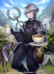  1boy cup deere_(fire_emblem_if) fire_emblem fire_emblem_cipher fire_emblem_if gloves grey_eyes grey_hair horse matsurika_youko open_mouth solo staff teacup teapot tree 