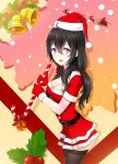  1girl :d ahoge beifeng_han bell belt black_hair black_legwear breasts candy candy_cane cleavage cleavage_cutout gift gloves hair_between_eyes hat long_hair looking_at_viewer mistletoe miyaura_sanshio open_mouth original red_gloves reindeer santa_hat silhouette sleigh smile solo thigh-highs violet_eyes zettai_ryouiki 