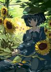  1girl blue_boots blue_eyes blue_hair blue_jacket blue_skirt boots cabbie_hat dappled_sunlight day flower grass hair_bobbles hair_ornament hat holding holding_flower in_water jacket kawashiro_nitori long_sleeves nature petals rubber_boots short_hair sitting skirt smile solo sunflower touhou tree_shade two_side_up uwa water 