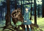  1girl backpack bag blue_boots blue_eyes blue_hair blue_skirt boots cabbie_hat dappled_sunlight day expressionless forest grass hat holding_branch kawashiro_nitori key_necklace light_rays moss nature rubber_boots scenery short_hair skirt solo sunlight touhou tree_stump two_side_up uwa 