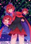  1girl akagashi_hagane bow cape disembodied_head hair_bow headless long_sleeves looking_at_viewer multiple_heads open_mouth pointing pointing_at_viewer red_eyes redhead sekibanki shaded_face shirt skirt smile solo thighs touhou 