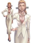  1girl aramaki_motoko blonde_hair contrapposto dark_skin formal ghost_in_the_shell hair_ornament hand_on_hip high_heels ikegami_noroshi jacket lipstick long_hair looking_at_viewer makeup parted_lips simple_background solo tied_hair yellow_eyes 