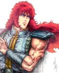  1boy blue_eyes hokuto_no_ken juda long_hair looking_away makeup male_focus mio_(gabriel) redhead shoulder_pads signature solo upper_body wristband 