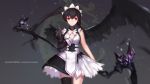  1girl artist_name asymmetrical_clothes asymmetrical_hair asymmetrical_legwear asymmetrical_wings black_feathers black_hair black_wings character_name detached_sleeve grey_background highres holding_weapon maid maid_headdress original red_eyes scythe sketch smile solo swd3e2 tearing_up thigh-highs weapon wings 