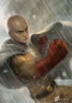  1boy artist_name bald black_eyes cape fighting_stance gloves namae_shifuta onepunch_man rain saitama_(onepunch_man) 
