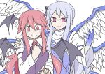  :d ahoge alternate_eye_color angel_and_devil angel_wings arm_up armband bat_wings blue_skin blue_wings clenched_teeth commentary_request dress_shirt feathered_wings hand_on_another&#039;s_shoulder hand_on_own_chest head_wings kenuu_(kenny) koakuma long_hair looking_at_viewer multicolored_wings multiple_wings necktie open_mouth red_eyes redhead sariel scared shirt sidelocks silver_hair simple_background smile tears touhou touhou_(pc-98) trembling vest violet_eyes white_background white_pupil white_shirt white_wings wings 