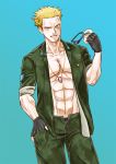  1boy abs blonde_hair blue_background blue_eyes gloves jewelry machisu_(pokemon) meishou_kakutei military military_uniform necklace pokemon pokemon_(game) shirt_lift solo sunglasses_removed undressing uniform 