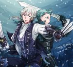  2boys armor blue_eyes blue_hair cyrus_(fire_emblem_if) dagger fire_emblem fire_emblem_if gauntlets gloves grey_hair hirotatiriku joker_(fire_emblem_if) long_hair low_ponytail multiple_boys open_mouth sword violet_eyes weapon 