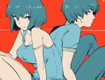  1boy 1girl back-to-back bangs bare_shoulders blue_hair blue_pants blue_shirt blush bra_strap breasts brother_and_sister cleavage collarbone flat_color large_breasts looking_back nishio_akira nishio_rina pants red_background shiny shiny_hair shirt short_hair short_sleeves siblings simple_background sitting soukyuu_no_fafner strap_slip tank_top twins wavy_mouth yukataro 