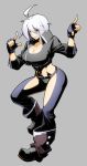  1girl abs ahoge angel_(kof) black_panties blue_eyes boots breasts chaps cleavage cowboy_boots cropped_jacket full_body high_collar large_breasts panties piko_(osso) pose short_hair silver_hair solo the_king_of_fighters underwear 