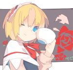  1girl aki_maki_yuu alice_margatroid blonde_hair blue_eyes blush capelet cup grey_background hairband long_sleeves looking_at_viewer one_eye_closed portrait short_hair smile solo touhou 
