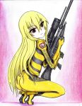  ass blonde_hair brown_eyes colored_pencil_(medium) heavy_object highres mariydi_whitewitch plugsuit small_breasts tagme traditional_media yozora_takayama 