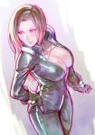 1girl bodysuit breasts brown_eyes brown_hair catsuit character_request cleavage fingerless_gloves gloves hand_on_hip large_breasts lips rejean_dubois solo unzipped 