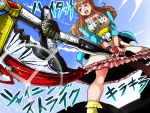  &gt;_&lt; 1girl :d axe closed_eyes crossover happy idolmaster idolmaster_cinderella_girls isuna kamen_rider kamen_rider_wizard kamen_rider_wizard_(series) moroboshi_kirari open_mouth parody smile solo sunrise_stance weapon xd 