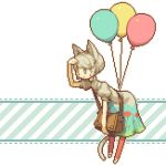  1girl animal_ears bag balloon cat_ears cat_tail floating lowres messenger_bag original puffy_sleeves red_legwear shoulder_bag solo striped striped_background tail uruchimai white_background 