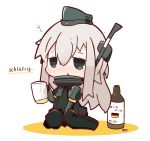  1girl beer_mug blush bottle chibi commentary_request drunk garrison_cap green_eyes hat highres kantai_collection long_hair looking_at_viewer nuu_(nu-nyu) silver_hair sitting solo translation_request u-511_(kantai_collection) wariza 