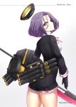  1girl asya glaive gloves highres kantai_collection machinery mechanical_halo open_mouth purple_hair school_uniform short_hair tatsuta_(kantai_collection) violet_eyes 