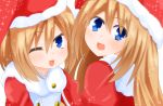  blue_eyes brown_hair christmas hat long_hair mayou multiple_girls neptune_(series) one_eye_closed open_mouth ram_(choujigen_game_neptune) rom_(choujigen_game_neptune) short_hair siblings sisters smile twins 