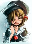  1girl adapted_costume blonde_hair hair_over_one_eye hand_to_own_mouth harusame_(unmei_no_ikasumi) hat looking_at_viewer lunasa_prismriver nightcap open_mouth solo tears touhou upper_body yawning yellow_eyes 