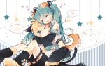  1boy 1girl :d ;&lt; animal_ears bare_shoulders black_shorts blonde_hair blue_eyes blush boots cat_ears cat_tail closed_eyes commentary_request detached_sleeves dog_ears dog_tail fang fuuko_(2679566944) green_hair hair_ornament hatsune_miku heart hug hug_from_behind kagamine_len kemonomimi_mode long_hair messy_hair necktie one_eye_closed open_mouth paw_print short_hair short_sleeves shorts sitting skirt smile spoken_blush spoken_heart star tail thigh-highs thigh_boots twintails very_long_hair vocaloid 