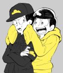  2boys armband black_hair bowl_cut cheek_squash crossed_arms dual_persona grey_background hoodie jyushimatsu looking_at_another multiple_boys open_mouth osomatsu-kun osomatsu-san simple_background sleeves_past_wrists smile spot_color uniform upper_body 
