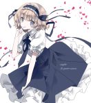  1girl alice_margatroid alternate_costume blonde_hair blue_eyes cierra_(ra-bit) finger_to_mouth hairband lolita_hairband looking_at_viewer necktie petals puffy_short_sleeves puffy_sleeves shirt short_sleeves skirt solo touhou virgin_killer_outfit 