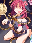  1girl anger_vein bare_shoulders bottomless chain collar collarbone cuffs earth hat hecatia_lapislazuli hemogurobin_a1c kneeling moon naked_shirt off_shoulder open_mouth paw_pose red_eyes redhead shackles shaded_face shirt solo touhou 