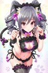  1girl animal_ears bell bell_choker black_panties blush bow breasts cat_cutout cat_ear_panties cat_ears cat_keyhole_bra cat_lingerie cat_tail choker cleavage garters green_hair hairband idolmaster idolmaster_cinderella_girls kanzaki_ranko looking_at_viewer nail_polish navel panties parted_lips paw_pose red_eyes solo tail tail_bow thigh-highs twintails underwear urabi_(tomatohouse) wrist_cuffs wristband 