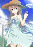  1girl blue_dress brown_hair china_dress chinese_clothes dress hat highres long_hair looking_at_viewer open_mouth original outdoors shirotaso0818 solo straw_hat 
