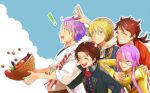  ! 5boys ^_^ basket blonde_hair blue_eyes brown_hair closed_eyes cucumber earrings eggplant grin hachisuka_kotetsu hood jewelry kasen_kanesada kashuu_kiyomitsu male_focus mole mole_under_mouth multiple_boys mutsu-no-kami_yoshiyuki nemuricha open_mouth ponytail purple_hair scarf smile tomato touken_ranbu yamanbagiri_kunihiro 