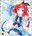  1girl alice_(wonderland) alice_(wonderland)_(cosplay) alice_in_wonderland blush cosplay dress love_live!_school_idol_project mocha_(naturefour) nishikino_maki redhead short_hair smile solo striped striped_legwear thigh-highs violet_eyes 