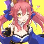  1girl ;d animal_ears breasts caster_(fate/extra) citron_82 cleavage detached_sleeves fang fate/extra fate_(series) fox_ears heart japanese_clothes one_eye_closed open_mouth pink_hair smile solo twintails upper_body yellow_eyes 