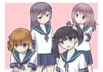  4girls :d adjusting_hair akebono_(kantai_collection) alternate_hairstyle bandaid black_hair brown_eyes brown_hair commentary_request flower hair_bobbles hair_flower hair_ornament hand_on_another&#039;s_shoulder kantai_collection long_hair multiple_girls oboro_(kantai_collection) open_mouth pink_hair purple_hair sazanami_(kantai_collection) school_uniform serafuku short_hair side_ponytail smile twintails ushio_(kantai_collection) violet_eyes wamu_(chartreuse) 
