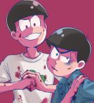  2boys black_hair blood blood_on_face bloody_clothes blue_eyes brothers cracking_knuckles evil_grin evil_smile eyebrows grin jumpsuit karamatsu male_focus multiple_boys open_mouth osomatsu-kun osomatsu-san osomatsu_(osomatsu-kun) red_background red_eyes siblings simple_background sleeves_rolled_up smile triangle_mouth upper_body yoshimichi 