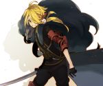  1boy black_gloves blonde_hair gloves hair_over_one_eye katana male_focus nomuo_(shiromi) ponytail shishiou shishiou_no_mofumofu smile sword touken_ranbu weapon yellow_eyes 