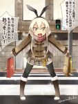  1girl blonde_hair boots coat commentary_request duffel_coat hair_ribbon kantai_collection long_hair ribbon scarf shimakaze_(kantai_collection) skirt thigh-highs translation_request umino_mokuzu_(shizumisou) 