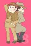  2boys ;p arm_behind_head back-to-back black_hair brothers capelet choromatsu deerstalker detective fedora gloves hands_on_hips hat male_focus multiple_boys one_eye_closed osomatsu-kun osomatsu-san osomatsu_(osomatsu-kun) pink_background siblings simple_background smile tongue tongue_out trench_coat white_gloves 