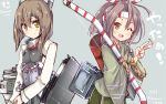  2girls :d ;d amano_kouki anchor blush bow_(weapon) brown_eyes brown_hair camouflage commentary_request flat_chest hachimaki hair_between_eyes hair_ribbon headband headgear high_ponytail highres holding_weapon japanese_clothes kantai_collection light_brown_hair long_hair long_sleeves looking_at_viewer machinery multiple_girls muneate mvp one_eye_closed open_mouth ponytail quiver ribbon short_hair simple_background skirt smile taihou_(kantai_collection) twitter_username v weapon yellow_eyes zuihou_(kantai_collection) 