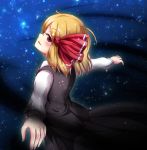  1girl blonde_hair dark hair_ribbon hyoumon_(saihokutan) looking_back open_mouth outstretched_arms red_eyes ribbon rumia solo touhou 